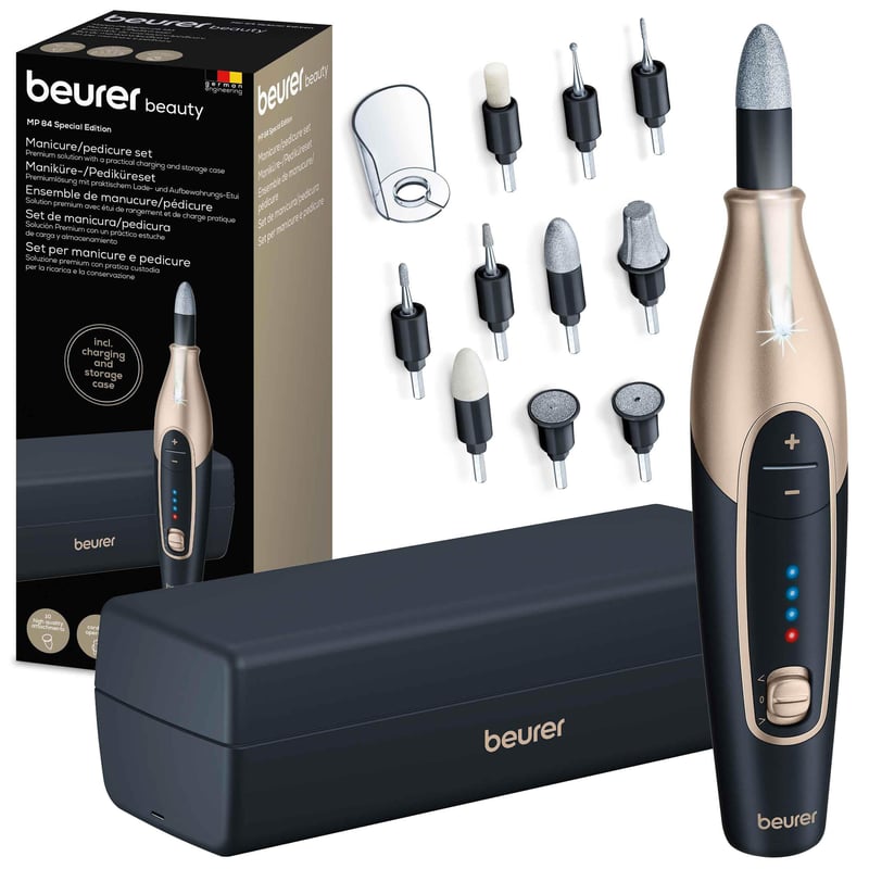 Beurer MP 84 Special Edition, pilă electrică pentru unghii și set de manichiură-pedichiură, 10 accesorii, lumină LED, etui, 4400 rpm, negru