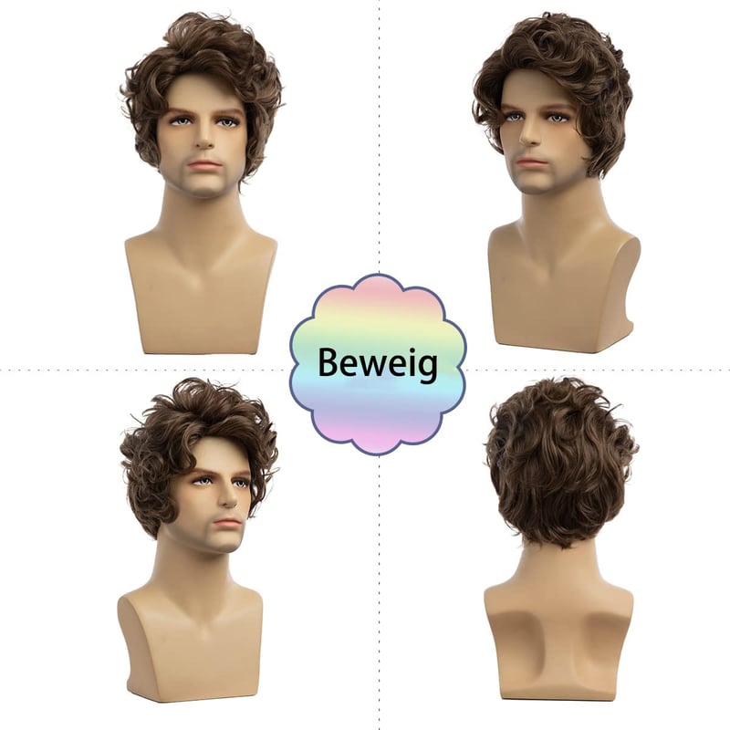 Beweig férfi rövid barna göndör paróka szintetikus hajú jelmez Halloween