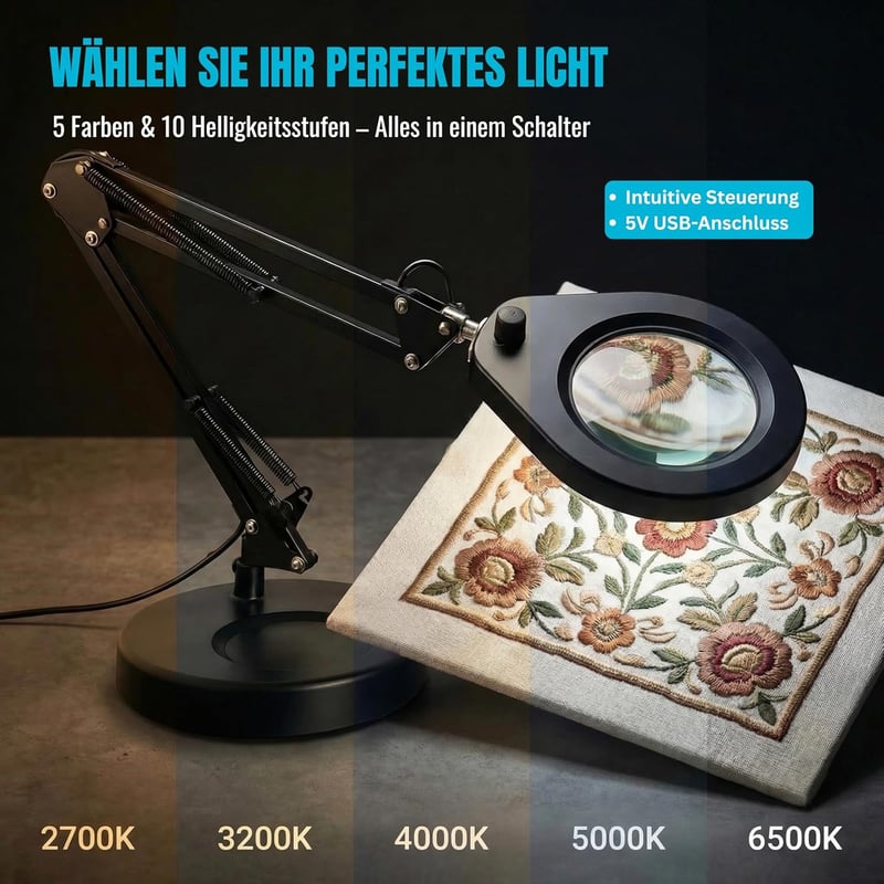 Beyamz LED nagyítólámpás asztali lámpa 5X 10,5cm kerek, 5 szín, állvánnyal