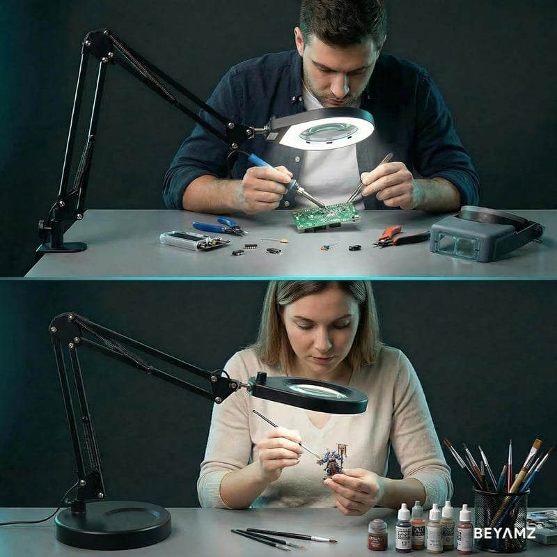 Beyamz LED nagyítólámpás asztali lámpa 5X 10,5cm kerek, 5 szín, állvánnyal