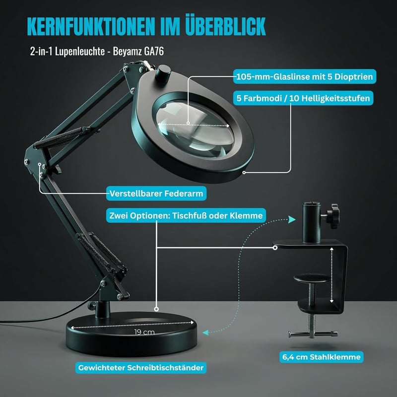 Beyamz LED nagyítólámpás asztali lámpa 5X 10,5cm kerek, 5 szín, állvánnyal