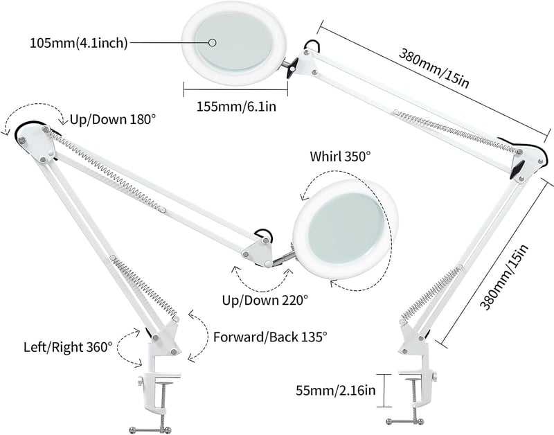 Beyamz nagyítólámpá 105mm 5-dioptriás valódi üveggel, 3 színmód, USB, fehér