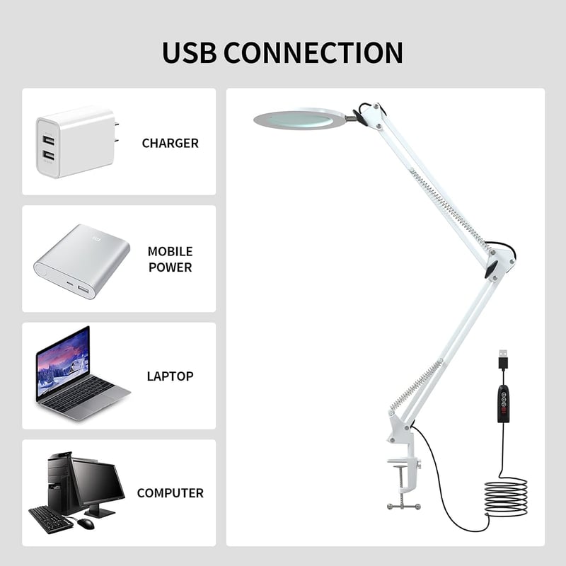 Beyamz nagyítólámpá 105mm 5-dioptriás valódi üveggel, 3 színmód, USB, fehér