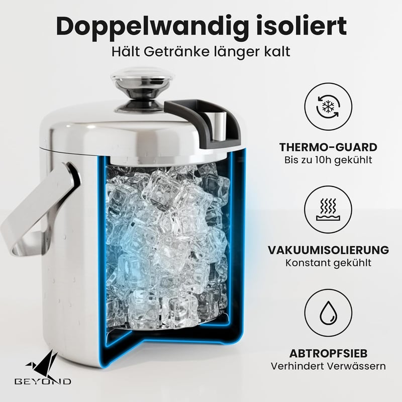 Beyond Jégkocka Készítő Tálca Fedővel és Fogóval, Rozsdamentes Acél, 1,3 Literes Jégtartó - Stainlesssteel
