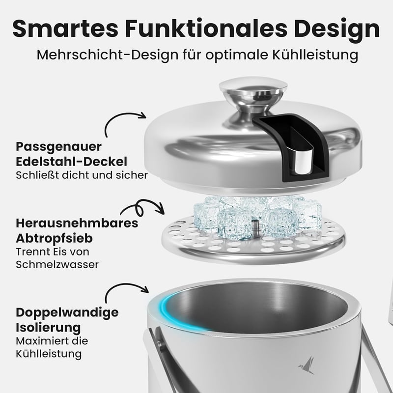 Beyond Jégkocka Készítő Tálca Fedővel és Fogóval, Rozsdamentes Acél, 1,3 Literes Jégtartó - Stainlesssteel