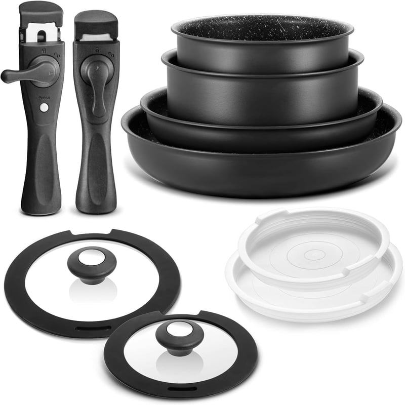 Set de vase BEZIA, 10 piese, cu mâner detașabil, tigaie cu inducție, înveliș antiaderent.