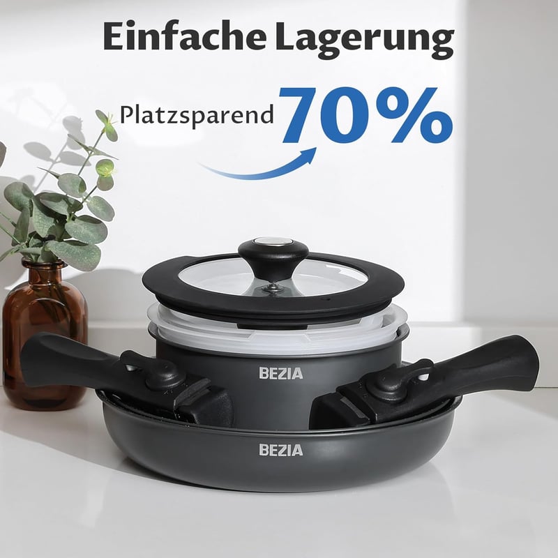 Set de vase BEZIA, 10 piese, cu mâner detașabil, tigaie cu inducție, înveliș antiaderent.