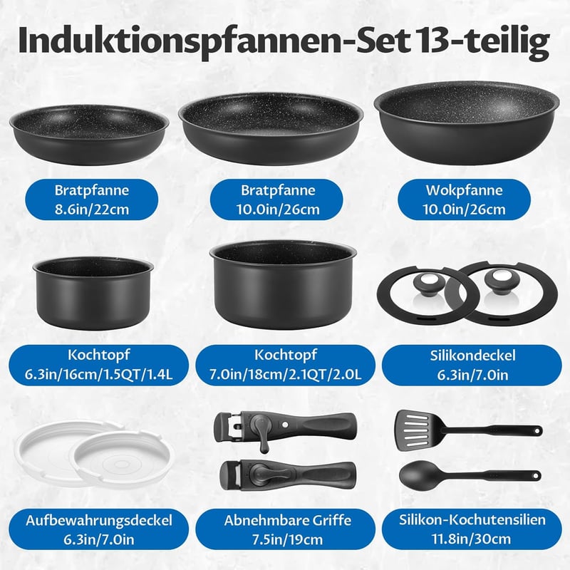 BEZIA Indukciós Edénykészlet Levehető Fogantyúval, Tapadásmentes, Minden Tűzhelytípushoz, Mosogatógépben Mosható