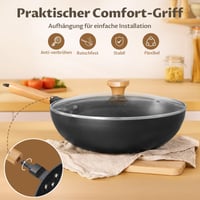 Indukčná panvica wok BEZIA s pokrievkou, nepriľnavý 30 cm wok s granitovým povrchom, drevenou rukoväťou, plochým dnom, vhodná na všetky typy sporákov 6