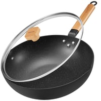 Indukčná panvica wok BEZIA s pokrievkou, nepriľnavý 30 cm wok s granitovým povrchom, drevenou rukoväťou, plochým dnom, vhodná na všetky typy sporákov 1