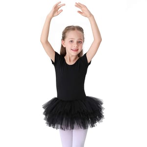 Bezioner dječji baletni kostim s tutu suknjicom za djevojčice, pamučni baletni dres kratkih rukava, plesni bodi - crni, veličina 130