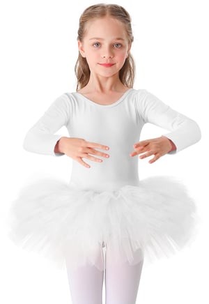 Dievčenské baletné tutu šaty Bezioner, dlhý rukáv, bavlna, 100-110 cm (3-4 roky) - biele