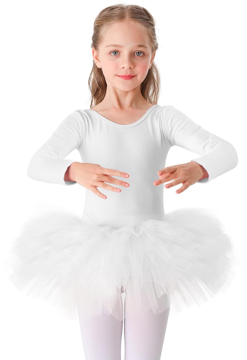 Dievčenské baletné tutu šaty Bezioner, dlhý rukáv, bavlna, 100-110 cm (3-4 roky) - biele