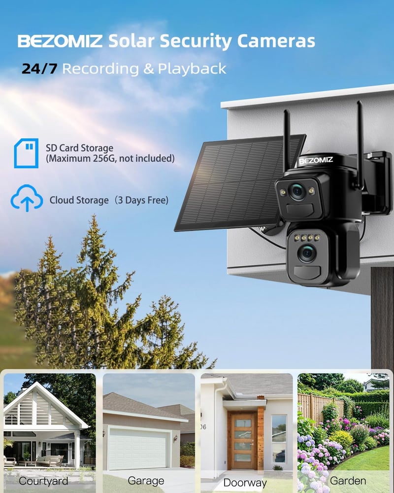 BEZOMIZ 4K WiFi Biztonsági Kamera Kettős Lencse 360° PTZ Éjjellátó Napelem Emberfigyelés