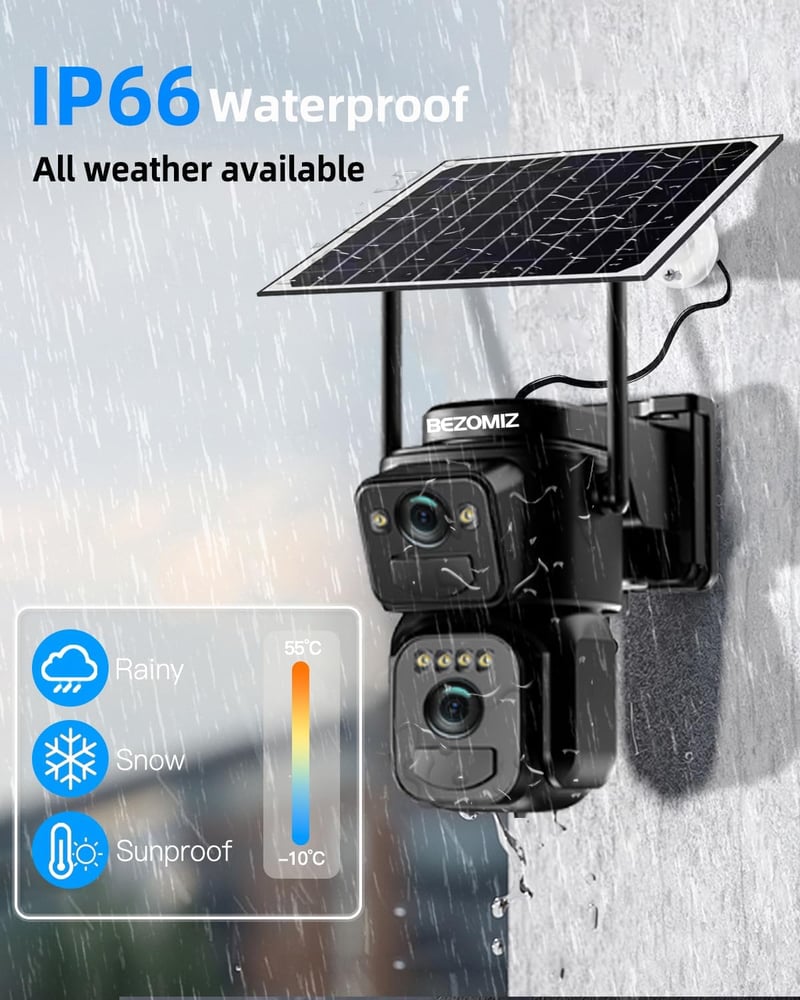 BEZOMIZ 4K WiFi Biztonsági Kamera Kettős Lencse 360° PTZ Éjjellátó Napelem Emberfigyelés