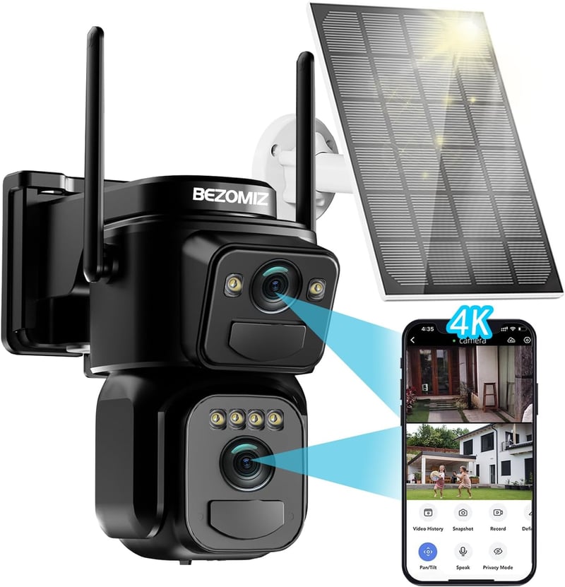 BEZOMIZ 4K WiFi Biztonsági Kamera Kettős Lencse 360° PTZ Éjjellátó Napelem Emberfigyelés