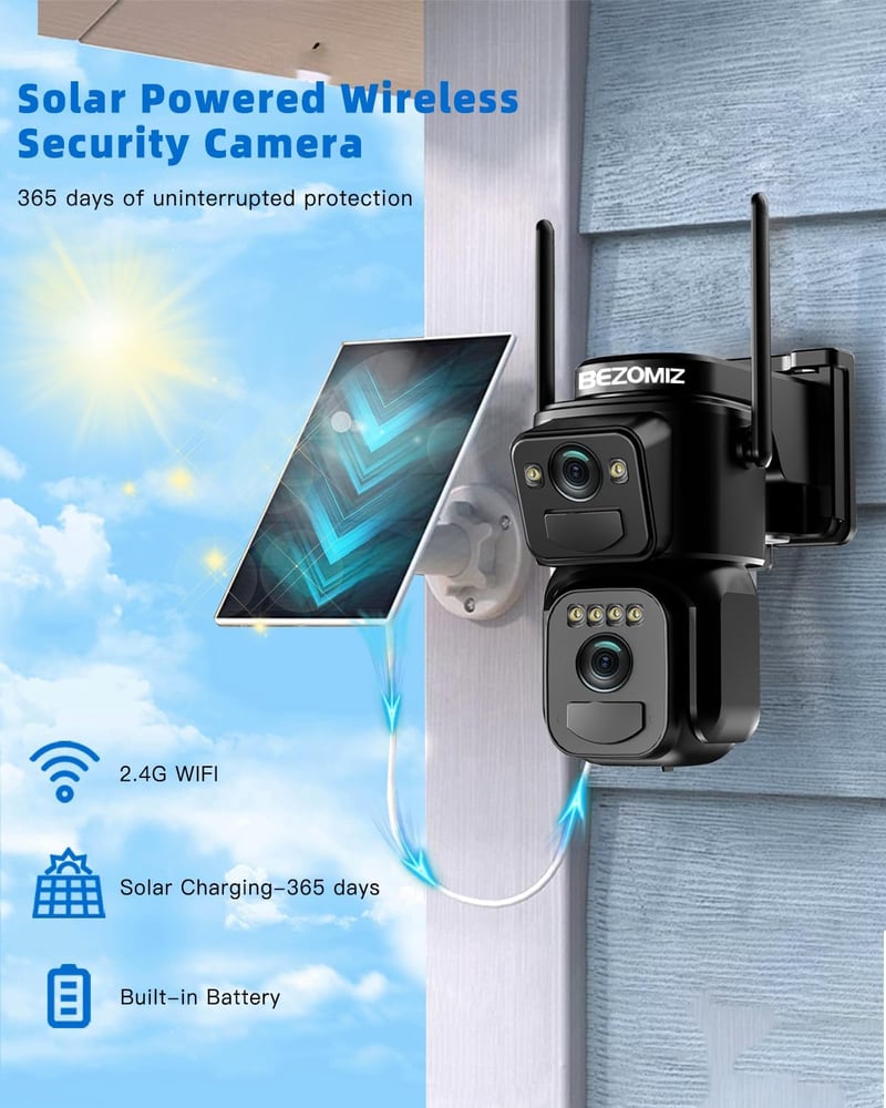 BEZOMIZ 4K WiFi Biztonsági Kamera Kettős Lencse 360° PTZ Éjjellátó Napelem Emberfigyelés