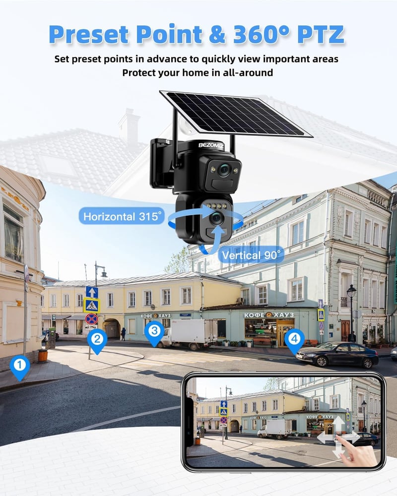 BEZOMIZ 4K WiFi Biztonsági Kamera Kettős Lencse 360° PTZ Éjjellátó Napelem Emberfigyelés