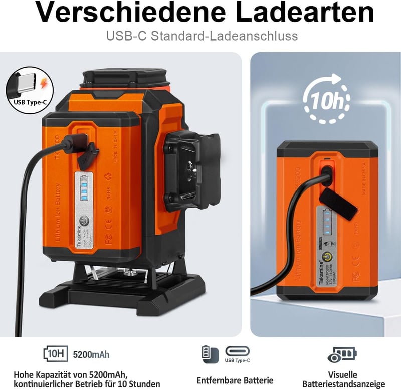 TakamineTech 3x360° Zöld Lézeres Szintező - 12 Vonalas Önbeálló Lézerszintező Távirányítóval, Építkezéshez, Csempézéshez, Type-C Töltéssel