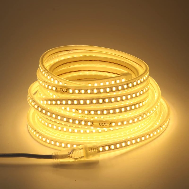 pcning LED Szalag 10m 230V 3000K Meleg Fehér IP67 Vízálló SMD 5730 120 LED/m Kültéri-Beltéri Világítás EU Csatlakozóval