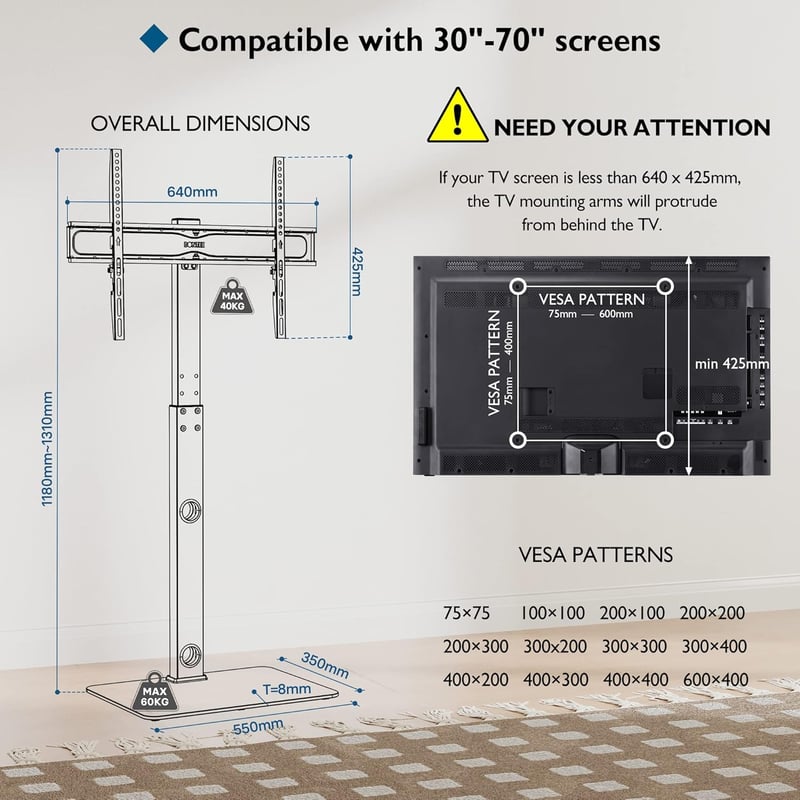 BONTEC TV Állvány 30-70 Colos Képernyőkhöz - Állítható Magasságú Padlóállvány LCD/LED/OLED/Plazma Televíziókhoz - VESA 600x400mm Kompatibili - black