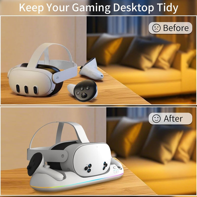 SPEEDY BEE Töltőállomás Meta Quest 3/3S/2 Headsethez - Mágneses VR Állvány RGB Világítással, 2 Újratölthető 2100mAh Akkumulátorral és USB Ki