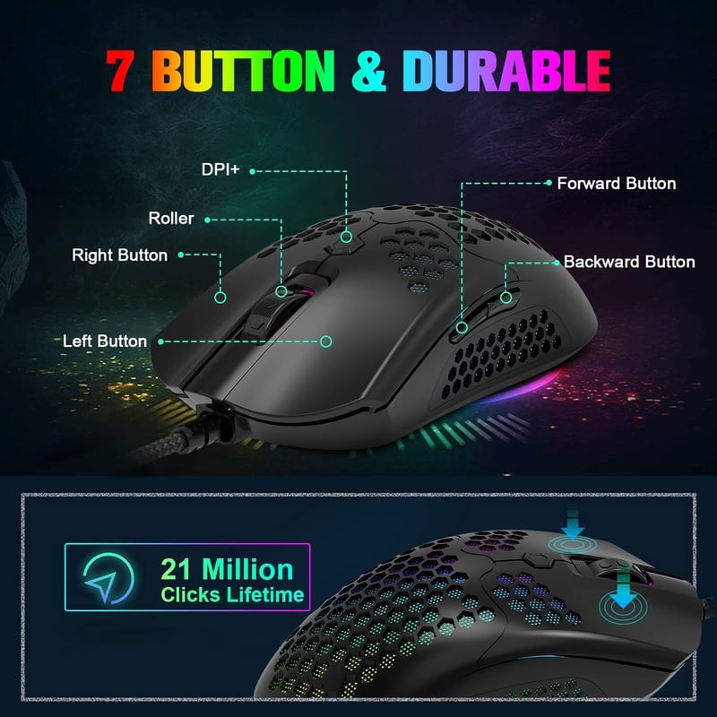 LexonElec 60% Mini Gamer Billentyűzet és Egér Szett - Fekete, RGB Háttérvilágítás, Mechanikus Érzetű, Ergonomikus, 12000 DPI Méhsejt Egér, U