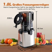 Fretta Slow Juicer 250W Gyümölcs- és Zöldségprés - Rozsdamentes Acél Hidegprés 135mm Széles Adagolónyílással, Visszaforgató Funkcióval, BPA- 3