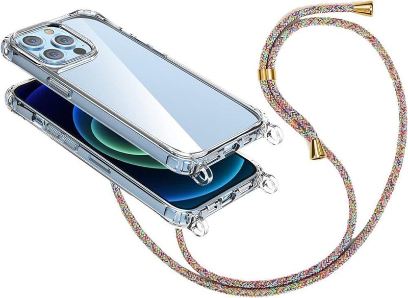 Apple iPhone 14 Átlátszó Védőtok Színes Szivárványos Csuklópánttal