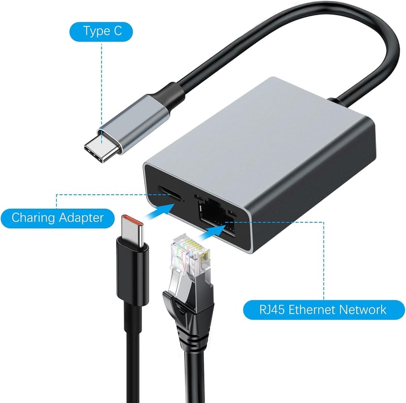 RUIZHI 100W USB-C Ethernet Adapter - Gigabit RJ45 Hálózati Csatlakozó és Gyorstöltő Chromecast, Telefon, MacBook és Windows Eszközökhöz