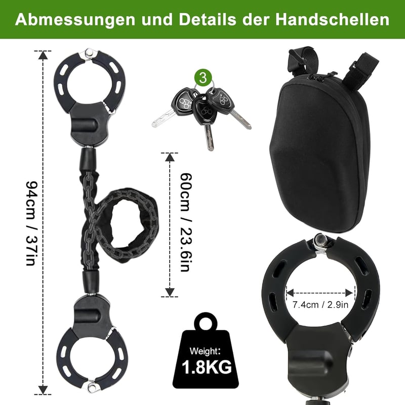 Mucek E-Roller Lakat - 60 cm Réz Magos Bilincs Zár Tárolótáskával, Kerékpár és Roller Lánclakat, Fekete, 1,74 kg, Lopásgátló