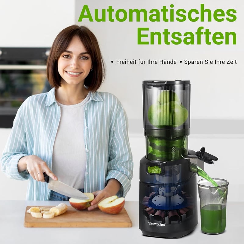 AMZCHEF Nagy Nyílású Automata Gyümölcs- és Zöldségprés, 1.8L, Hidegpréselés, Fekete