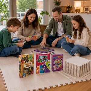 Közös játékest társasjáték-csomag: 2 db kártyajáték + családi társasjáték + 12 db EVA kirakós szőnyeg