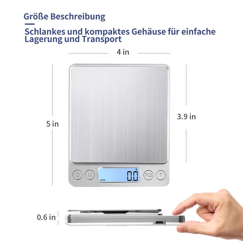 KUBEI digitális konyhai mérleg, USB töltés, 3kg/0.1g, rozsdamentes acél