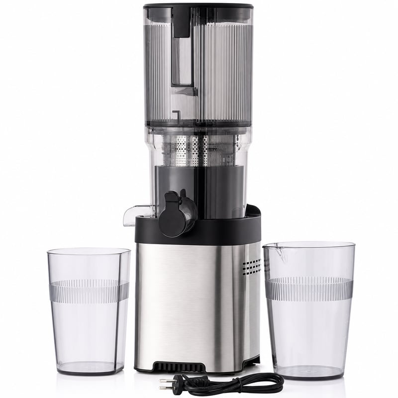 Odšťavovač AMZCHEF Slow Juicer – predvádzací kus, s 1 filtrom, bez gumeného tesnenia, strieborný