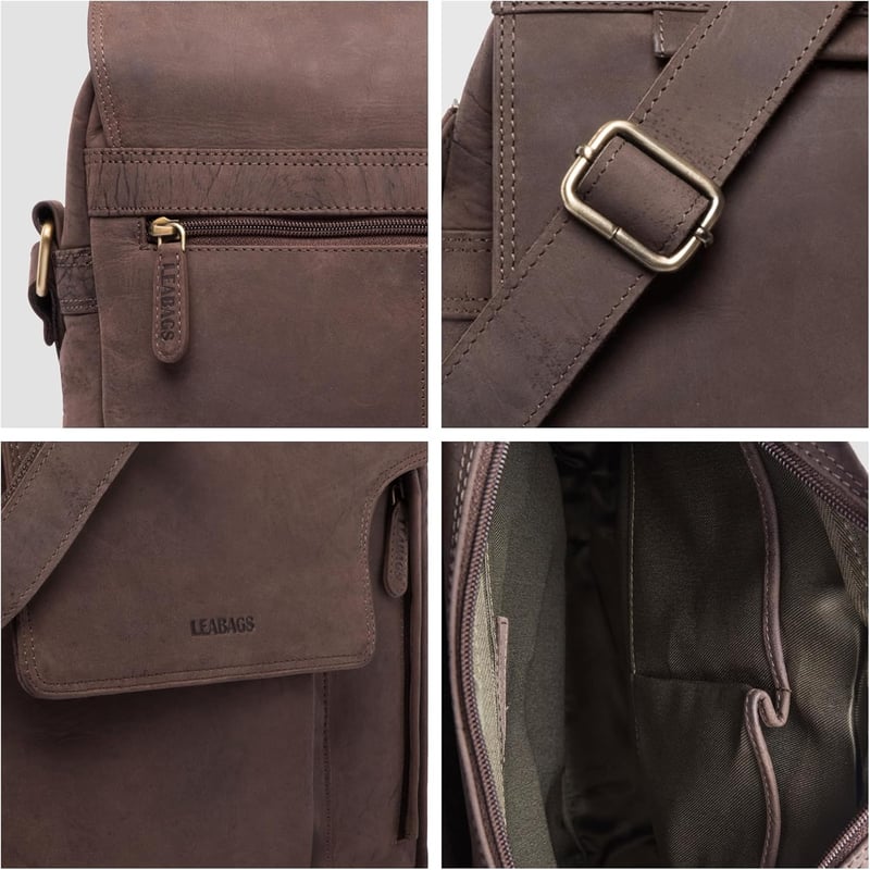 LEABAGS valódi bőr válltáska 13"-os laptophoz, sötétbarna