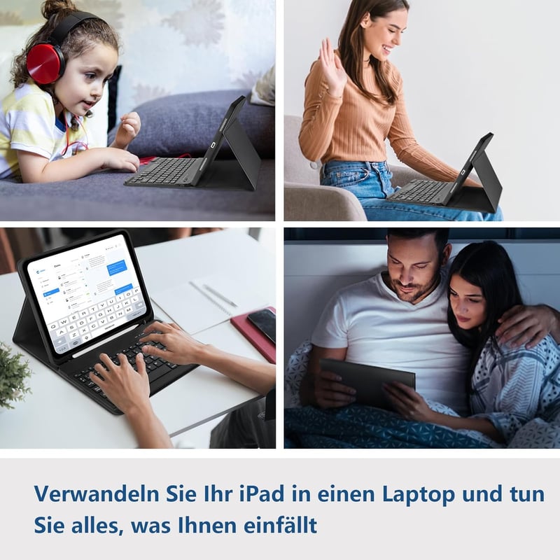 TQQ Levehető Bluetooth Billentyűzetes Tok iPad A16 11 Gen 2025/10 Gen 2022 (11/10.9") Készülékekhez - Német QWERTZ Kiosztás, Többféle Látósz
