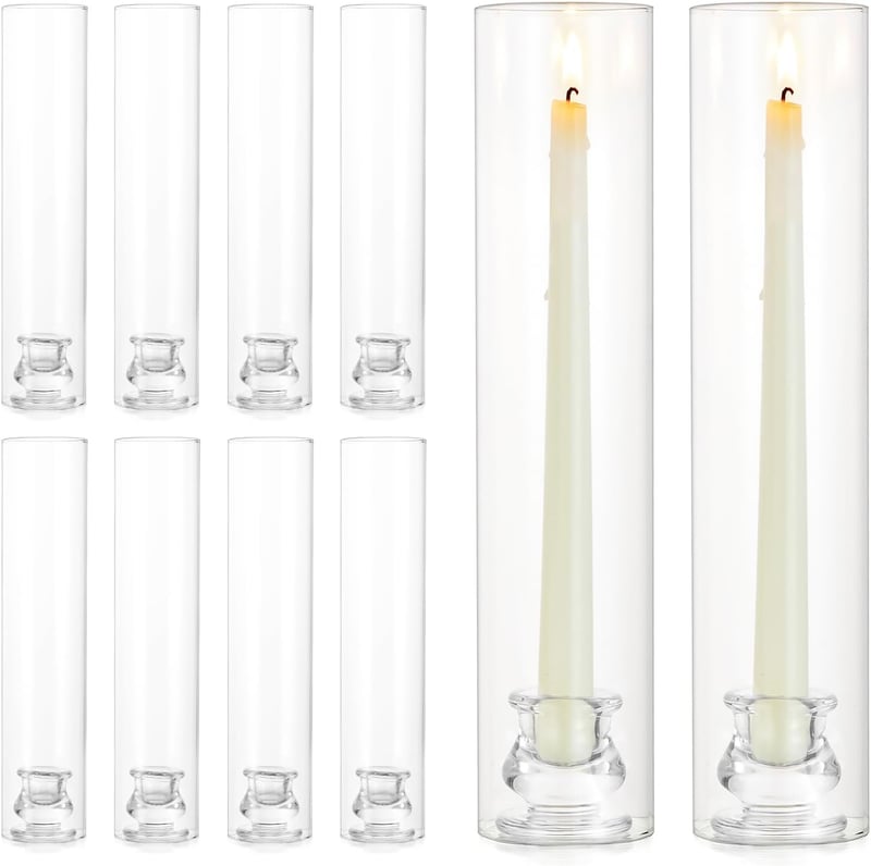 NUPTIO Üveg Gyertyatartó Szett - 10 db Átlátszó Hengeres Gyertyatartó 30 cm Magas Búrával Esküvői Dekorációhoz, Asztalközéphez, Beltéri és K