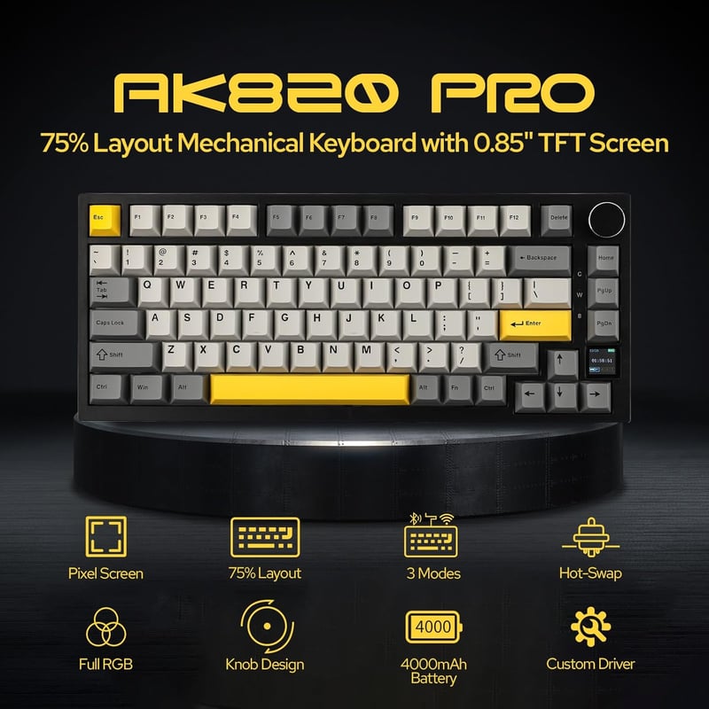 EPOMAKER Ajazz AK820 Pro Mechanikus Billentyűzet TFT Kijelzővel - Vezetékes/Bluetooth/Wireless RGB Háttérvilágítás, Hangtompító Hab, Win/Mac