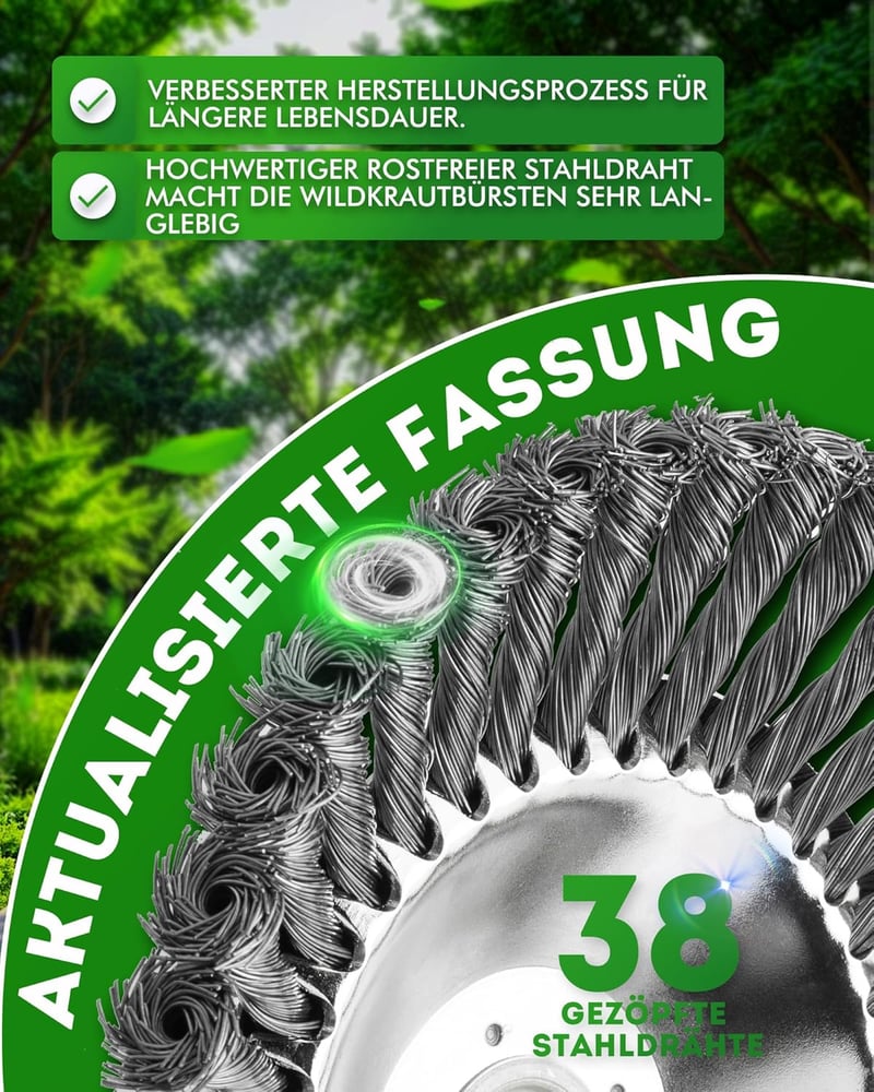 LADAMI Gyomtalanító Drótkefe 200x25,4mm - Univerzális Fűkaszához, Bozótvágóhoz, 38 Fonott Acélszál, Kompatibilis Husqvarna, Dolmar, Echo Gép - 38 Stränge