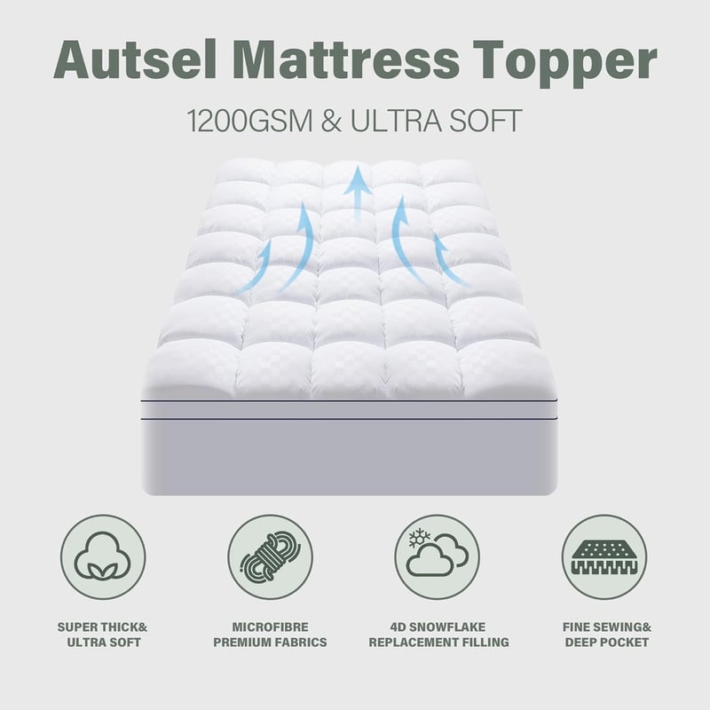 Autsel Matracvédő 160x200 cm - 1200 g/m² Ultra Puha Vastag Matracfedő Csúszásgátló Fülekkel, Hipoallergén Mosható Mikroszálas Matractopper F