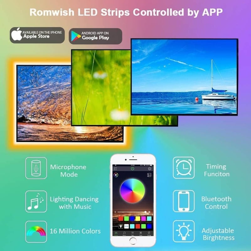 Romwish LED TV háttérvilágítás - 3m RGB szalag, Bluetooth, 40-50" TV-hez