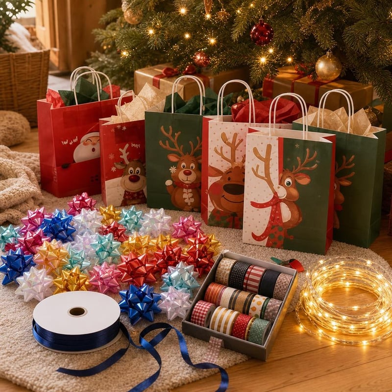 Set za zamatanje poklona: tamnoplava satenska traka + 8 kraft vrećica + 70 mašni + 120 LED lampica