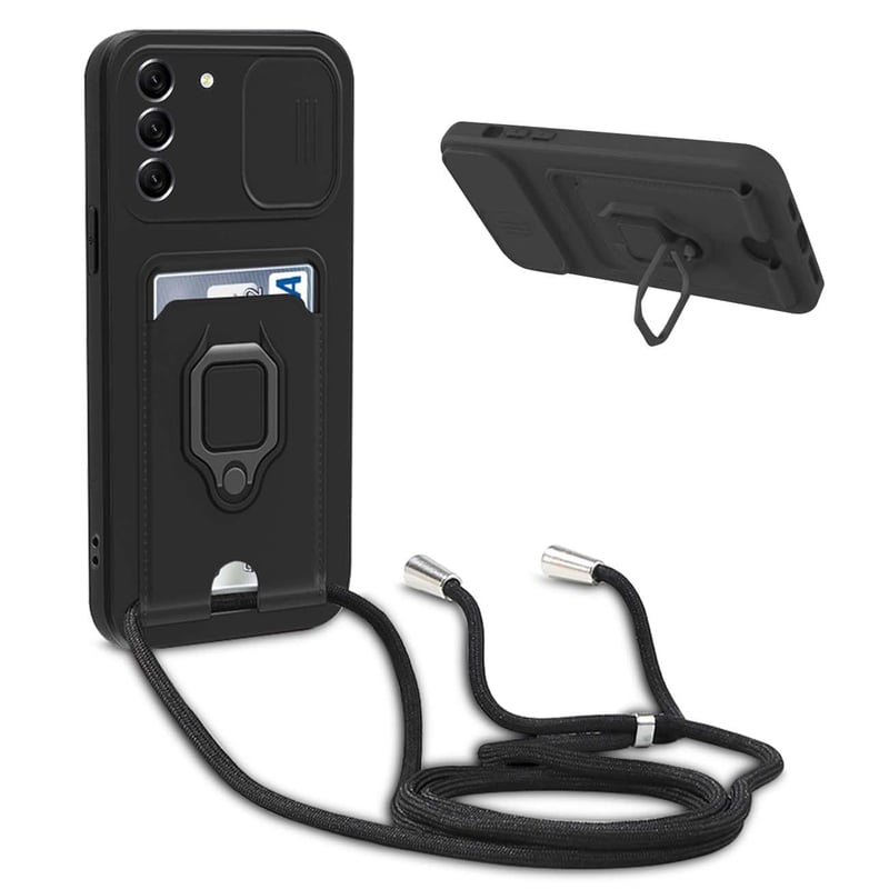 BGHHEU puzdro na Samsung Galaxy S23 Plus s remienkom na krk, čierne, s posuvným krytom fotoaparátu, 360-stupňovým krúžkovým stojanom a držiakom na karty, s nastaviteľným silikónovým popruhom
