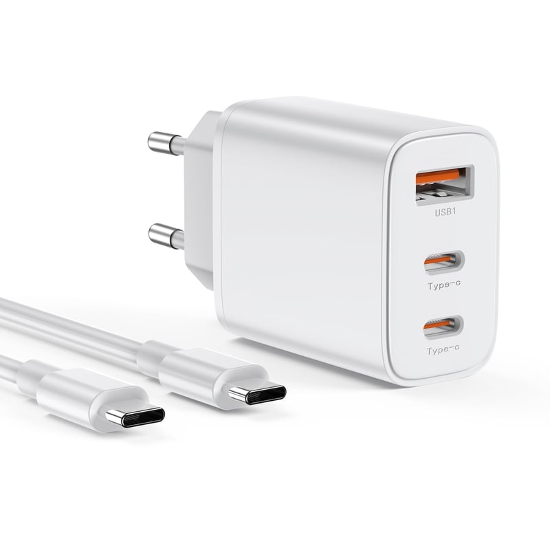 Încărcător BHHB 30W USB-C cu 3 porturi, adaptor de încărcare rapidă cu conectori USB-C și USB-A, cu cablu USB-C de 2 m, compatibil cu iPhone 17 16 15 Pro Max, Samsung Galaxy S25 S24