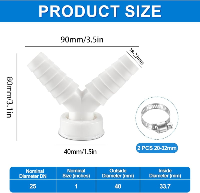 BHHTBB Mosogatógép Mosógép Lefolyó Adapter Y Elosztó 1 Hüvelyk 40mm Cső 19-23mm Bemenet Tömlőbilinccsel