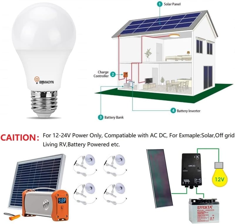 BHMAOYN 7W LED izzó E27 12V 24V napelemes rendszerhez, meleg fehér 3000K, 3 darab