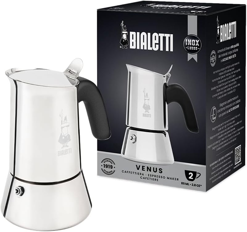 Bialetti Venus Moka Kanna Rozsdamentes Acél 2 Személyes 85ml Gázhoz Elektromos Főzőlaphoz - 2 cup, New Venus
