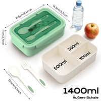BIBURY Bento box na obed 1400 ml, nepriepustný, 3-priehradkový obedový box s príborom, vhodný do mikrovlnnej rúry, zelený 2