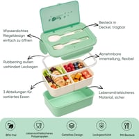 BIBURY Bento box na obed 1400 ml, nepriepustný, 3-priehradkový obedový box s príborom, vhodný do mikrovlnnej rúry, zelený 3